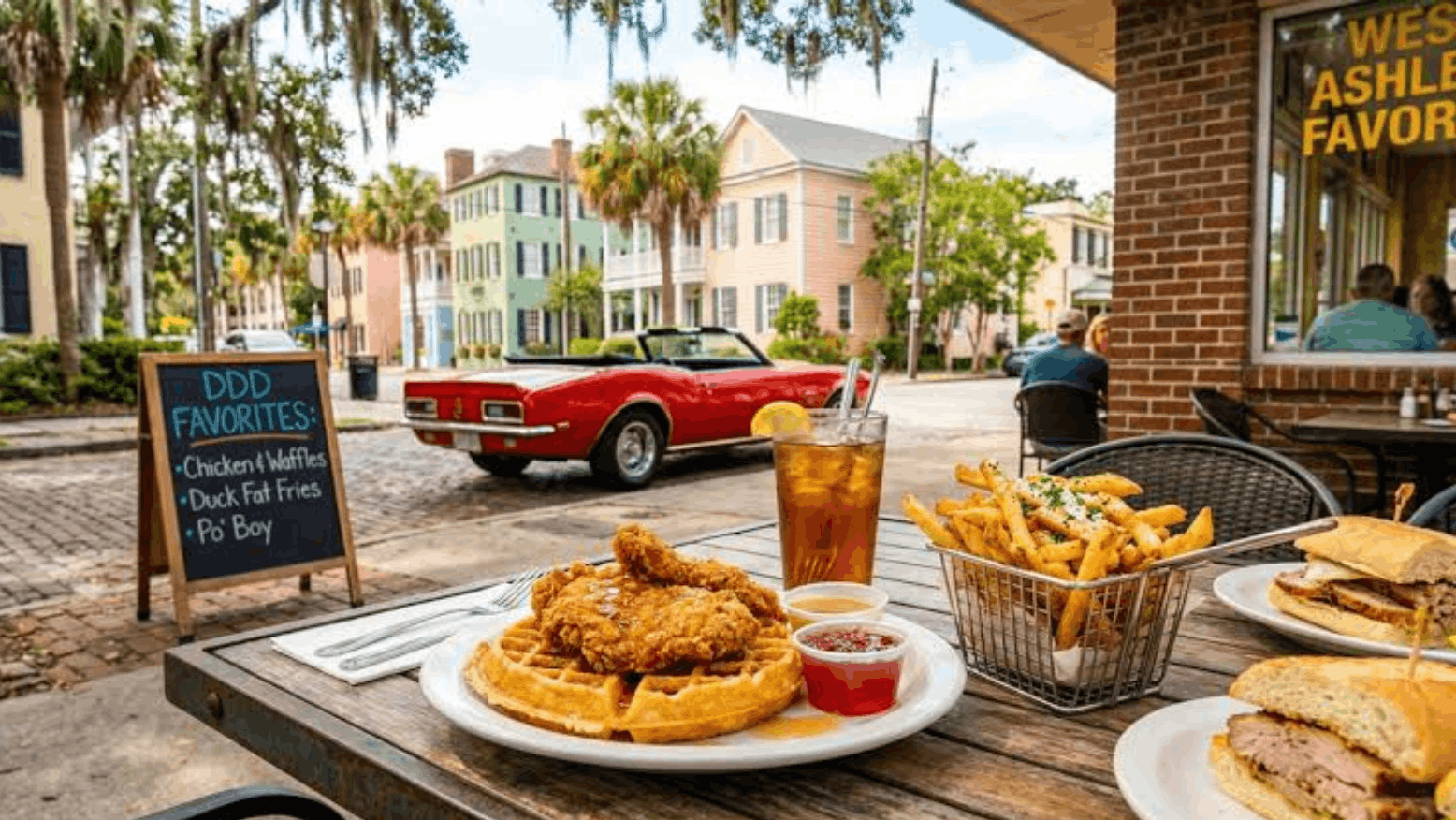 Chicken and waffles breakfast with fries at a Charleston, SC restaurant