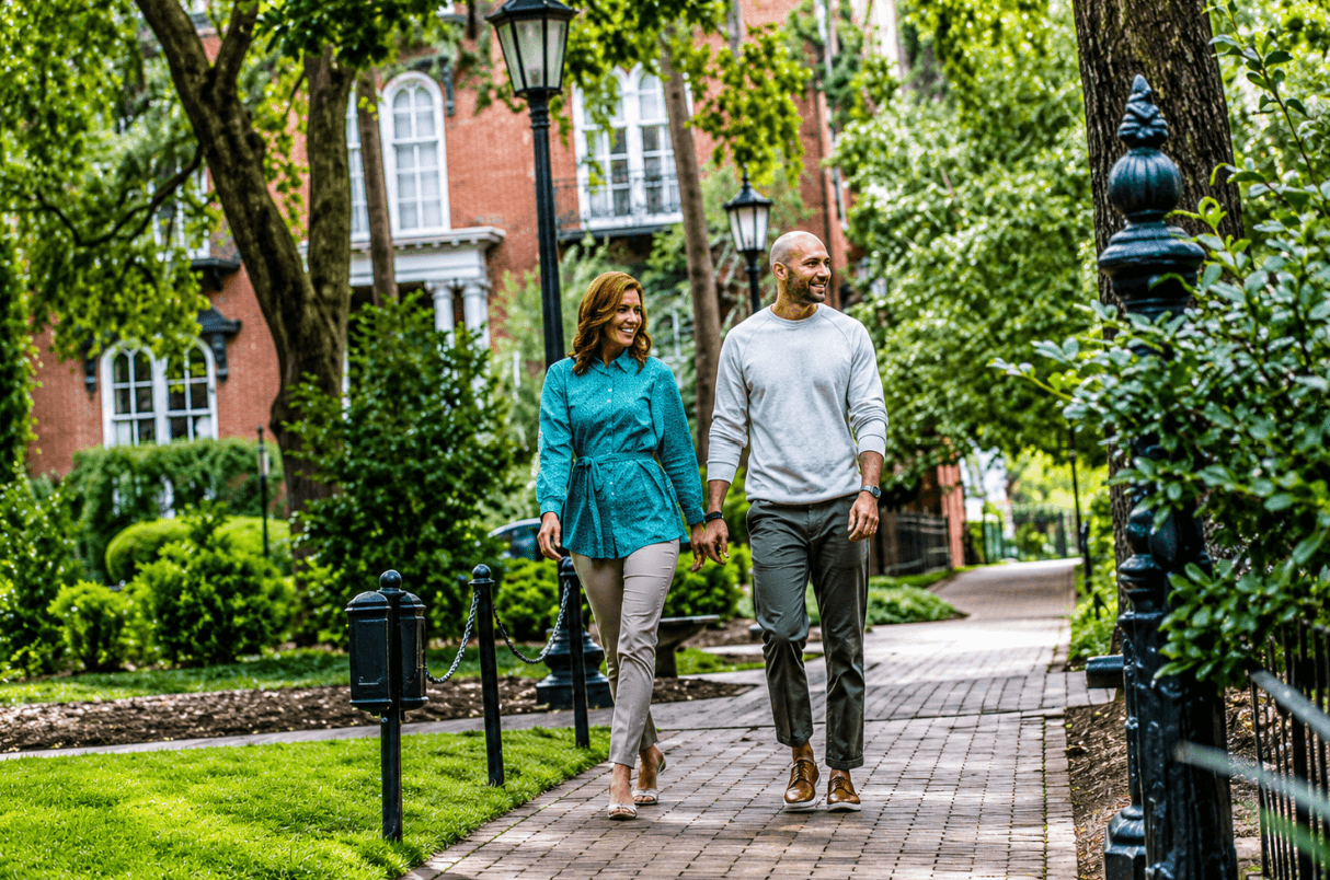 Couple walking through a historic Charleston neighborhood 