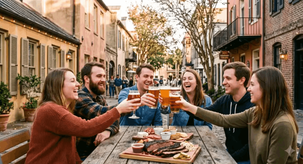 Friends laughing and clinking beer glasses over a barbecue platter at an outdoor alley café in Charleston historic city.