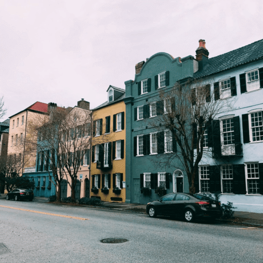 Rainbow Row on East Bay Street in February