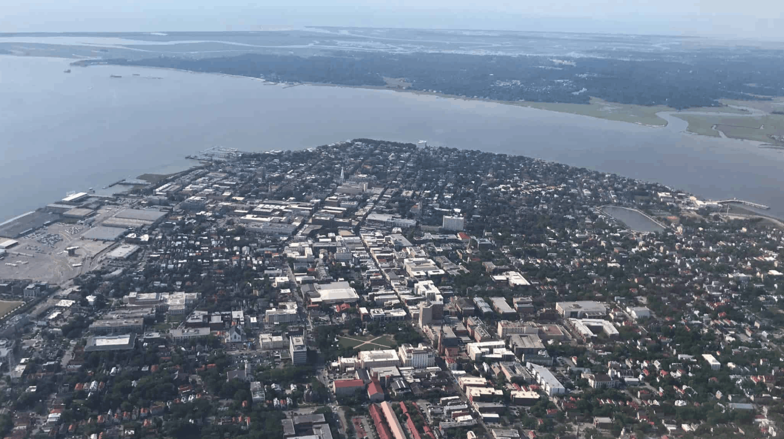View of Downtown Charleston flying into Charleston International Airport