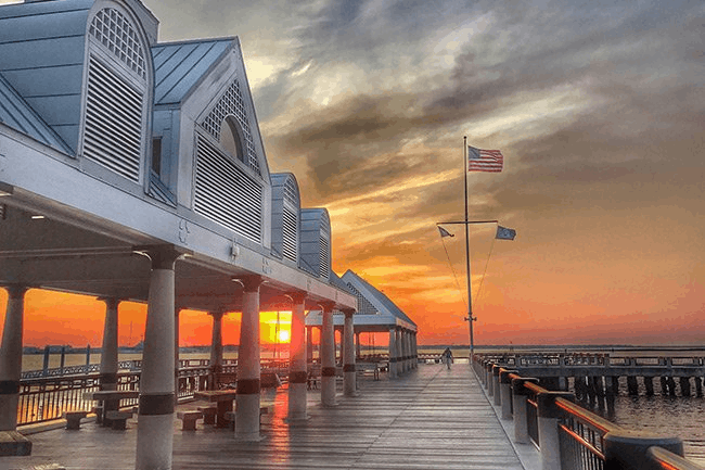 Golden hour sunset over the Waterfront Park Pier in Charleston, South Carolina.
