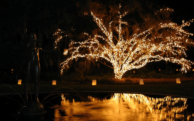 Holiday lighting on the porch of a Charleston vacation rental